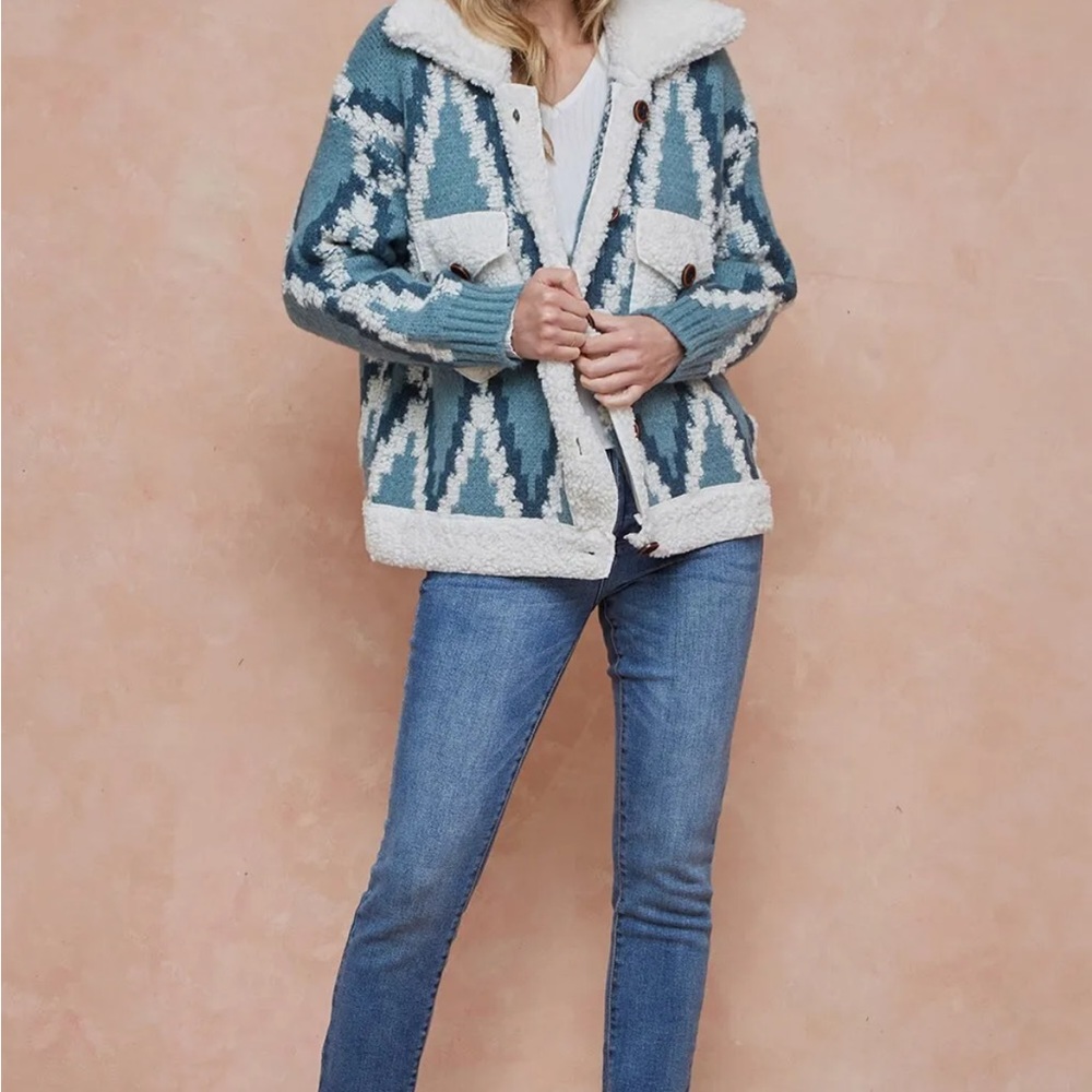 #5 LAST 1! Blue cream Tribal Aztec Bohemian Sherpa button relaxed jacket sweater - Picture 2 of 10